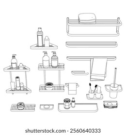 Doodle set with bathroom accessories - toothpaste, toothbrush, shampoo, soap, towels, washcloths, rubber duck and other. Personal hygiene, body care. Vector hand-drawn illustration