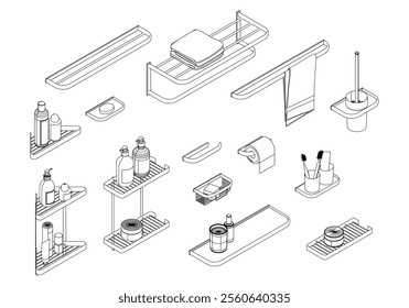 Doodle set with bathroom accessories - toothpaste, toothbrush, shampoo, soap, towels, washcloths, rubber duck and other. Personal hygiene, body care. Vector hand-drawn illustration