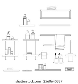 Doodle set with bathroom accessories - toothpaste, toothbrush, shampoo, soap, towels, washcloths, rubber duck and other. Personal hygiene, body care. Vector hand-drawn illustration