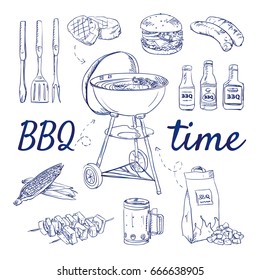 Doodle set of BBQ - grill, barbecue, burger, beef, sausages, corn, sauces, meat skewers, steak, charcoal, tools, hand-drawn. Vector sketch illustration isolated over white background.