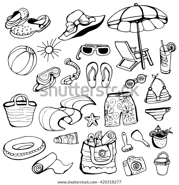 Doodle Set Beach Accessories Black On Stock Vector (Royalty Free) 420318277