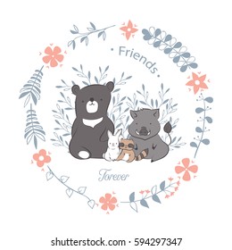 doodle set of best friends cute rabbit, bear, raccoon and wild boar in floral frames hand drawing vector illustration for kid t-shirt print, greeting and invitation card
