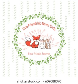 doodle set of best friends cute rabbit, fox, squirrel in leaf frames hand drawing vector illustration for kid t-shirt print, greeting and invitation card
