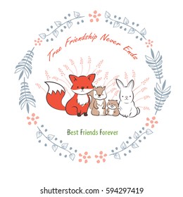 doodle set of best friends forever. cute rabbit, squirrel, fox and beaver in floral frames hand drawing vector illustration for kid t-shirt print, greeting and invitation card