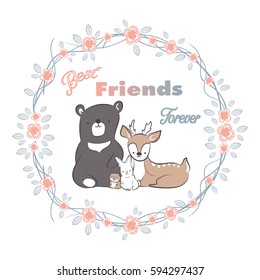 doodle set of best friends forever, cute deer, bear, rabbit and beaver in floral frames hand drawing vector illustration for kid  t-shirt print, greeting and invitation card