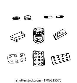 Doodle set of birth control pills, painkillers, from covid-19. Vector set of tablet packages. 10 elements