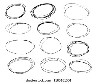Doodle set of black hand drawn circle line sketch set. Vector circular scribble doodle round circles for message note mark design element. Pencil or pen highlighter elipses