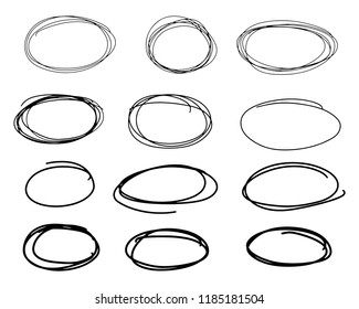 Doodle set of black hand drawn circle line sketch set. Vector circular scribble doodle round circles for message note mark design element. Pencil or pen highlighter elipses