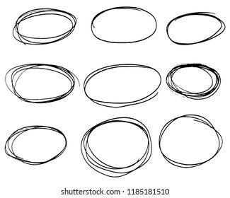 Doodle set of black hand drawn circle line sketch set. Vector circular scribble doodle round circles for message note mark design element. Pencil or pen highlighter elipses