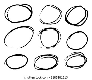 Doodle set of black hand drawn circle line sketch set. Vector circular scribble doodle round circles for message note mark design element. Pencil or pen highlighter elipses