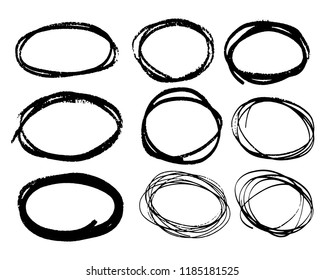 Doodle set of black hand drawn circle line sketch set. Vector circular scribble doodle round circles for message note mark design element. Pencil or pen highlighter elipses