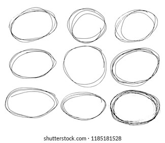 Doodle set of black hand drawn circle line sketch set. Vector circular scribble doodle round circles for message note mark design element. Pencil or pen highlighter elipses
