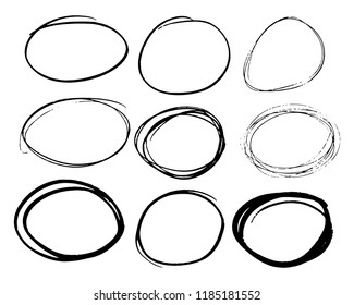 Doodle set of black hand drawn circle line sketch set. Vector circular scribble doodle round circles for message note mark design element. Pencil or pen highlighter elipses