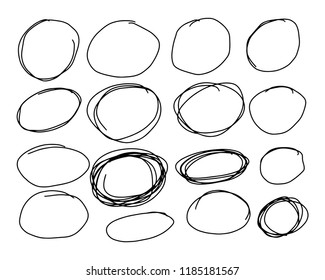 Doodle set of black hand drawn circle line sketch set. Vector circular scribble doodle round circles for message note mark design element. Pencil or pen highlighter elipses