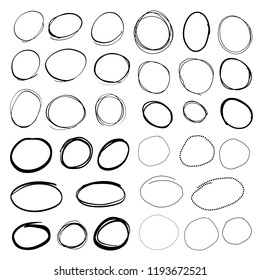 Doodle set of black hand drawn circle line sketch set. Vector circular scribble doodle round circles for message note mark design element. Pencil or pen highlighter elipses shapes