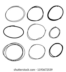 Doodle set of black hand drawn circle line sketch set. Vector circular scribble doodle round circles for message note mark design element. Pencil or pen highlighter elipses shapes