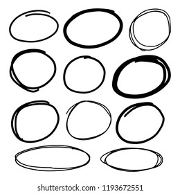Doodle set of black hand drawn circle line sketch set. Vector circular scribble doodle round circles for message note mark design element. Pencil or pen highlighter elipses shapes
