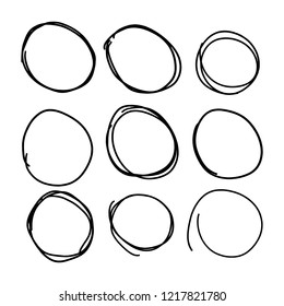 Doodle set of black hand drawn circle line sketch set. Vector circular scribble doodle round circles for message note mark design element. Pencil or pen highlighter elipses shapes