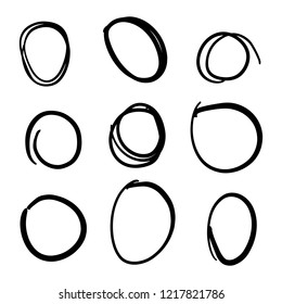 Doodle set of black hand drawn circle line sketch set. Vector circular scribble doodle round circles for message note mark design element. Pencil or pen highlighter elipses shapes
