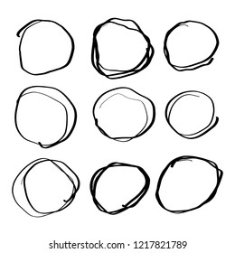 Doodle set of black hand drawn circle line sketch set. Vector circular scribble doodle round circles for message note mark design element. Pencil or pen highlighter elipses shapes
