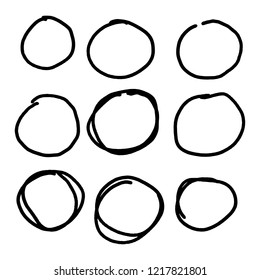 Doodle set of black hand drawn circle line sketch set. Vector circular scribble doodle round circles for message note mark design element. Pencil or pen highlighter elipses shapes