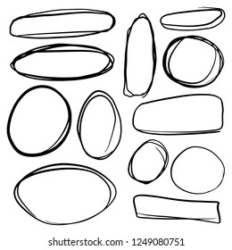 Doodle set of black hand drawn circle line sketch set. Vector circular scribble doodle round circles for message note mark design element. Pencil or pen highlighter elipses shapes