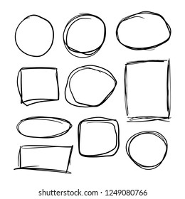 Doodle set of black hand drawn circle line sketch set. Vector circular scribble doodle round circles for message note mark design element. Pencil or pen highlighter elipses shapes