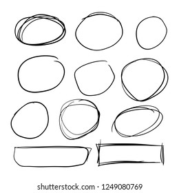 Doodle set of black hand drawn circle line sketch set. Vector circular scribble doodle round circles for message note mark design element. Pencil or pen highlighter elipses shapes