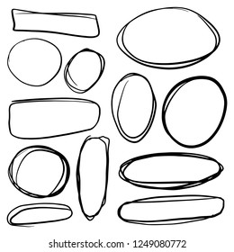 Doodle set of black hand drawn circle line sketch set. Vector circular scribble doodle round circles for message note mark design element. Pencil or pen highlighter elipses shapes