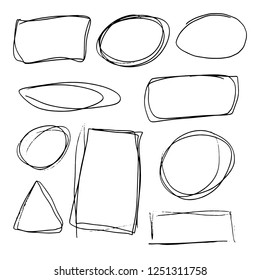 Doodle set of black hand drawn circle line sketch set. Vector circular scribble doodle round circles for message note mark design element. Pencil or pen highlighter elipses shapes