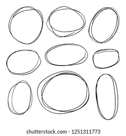 Doodle set of black hand drawn circle line sketch set. Vector circular scribble doodle round circles for message note mark design element. Pencil or pen highlighter elipses shapes