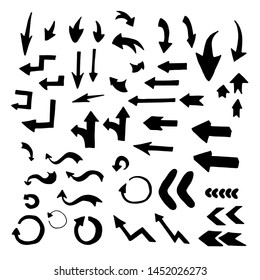Doodle set of black hand drawn abstract arrows. 