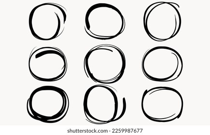 Doodle set of black hand drawn circle line sketch set. Vector circular scribble doodle round circles for message note mark design element.