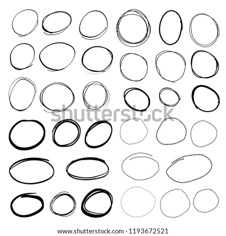 Doodle set of black hand drawn circle line sketch set. Vector circular scribble doodle round circles for message note mark design element. Pencil or pen highlighter elipses shapes