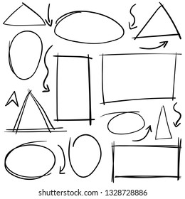 Doodle set of black pencil drawing objects. Hand drawn abstract grunge frames, arrows and abstract shapes. Vector abstract ellipses for design use