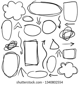 Doodle set of black pencil drawing objects. Hand drawn abstract grunge frames, arrows and abstract shapes. Vector abstract ellipses for design use