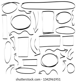 Doodle set of black pencil drawing objects. Hand drawn abstract grunge frames, arrows and abstract shapes. Vector abstract ellipses for design use
