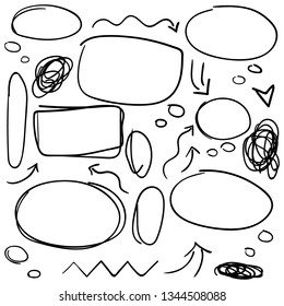 Doodle set of black pencil drawing objects. Hand drawn abstract grunge frames, arrows and abstract shapes. Vector abstract ellipses for design use