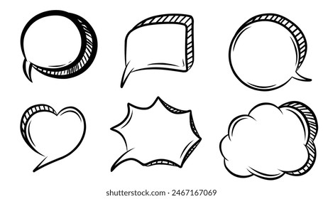 Doodle Set of Black Sketch Comic Speech Bubbles. Pencil Hand Drawn Comix Balloons.