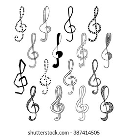 Doodle set of black treble clef, music symbols, vector illustration