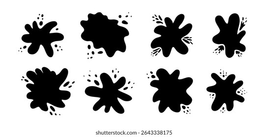 Doodle set of black vector ink splashes with oval drops. Isolated unique freehand liquid organic inky blots with spray spots for graphic design, social media stamps, shadows and templates