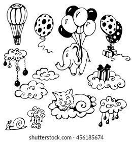 doodle set black and white. Elephant on balloons, clouds, cat sleeping on a cloud, a gift
