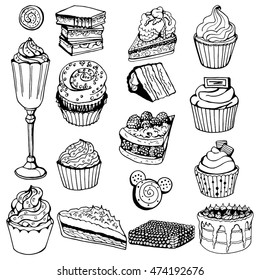 doodle set black and white. Hand-drawn illustrations of cakes and desserts