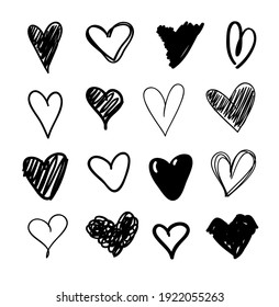 Doodle set of black and white pencil drawing objects. Hand drawn abstract illustration grunge elements. Vector abstract hearts for design