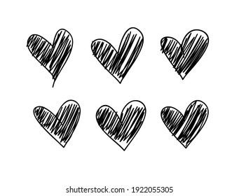 Conjunto de dibujos de lápiz en blanco y negro. Elementos grunge de ilustración abstracta dibujados a mano. corazones abstractos vectoriales para el diseño