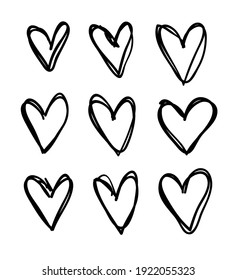 Doodle set of black and white pencil drawing objects. Hand drawn abstract illustration grunge elements. Vector abstract hearts for design
