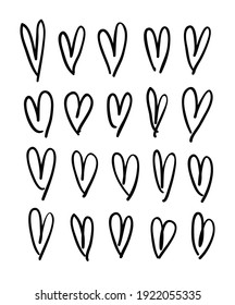 Doodle set of black and white pencil drawing objects. Hand drawn abstract illustration grunge elements. Vector abstract hearts for design