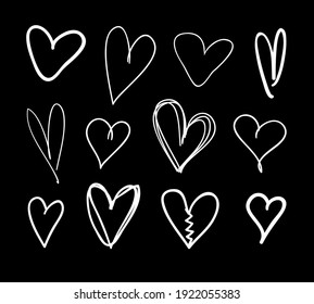 Doodle set of black and white pencil drawing objects. Hand drawn abstract illustration grunge elements. Vector abstract hearts for design