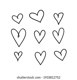 Doodle set of black and white pencil drawing objects. Hand drawn abstract illustration grunge elements. Vector abstract hearts design