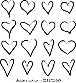 Doodle set of black and white pencil drawing objects. Hand drawn abstract illustration grunge elements. Vector abstract hearts for design